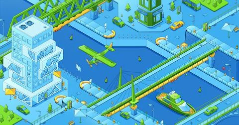Isometric city infrastructure, transport, bridges Stock Illustration