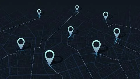 Isometric city map background with multiple location pins and dotted GPS routes Stock Illustration