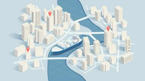 Isometric city map with cargo ship on river and red location pins. Vector Stock Illustration