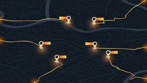 Isometric city map dashboard with delivery time markers and glowing orange Stock Illustration