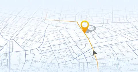 Isometric city map featuring yellow navigation route and large location pin on Stock Illustration