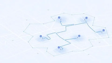 Isometric city map with fuel station locations within designated zone boundary Stock Illustration