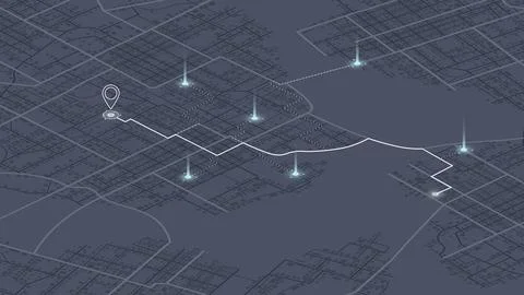 Isometric city map with glowing navigation path and connecting light Ilustração Stock