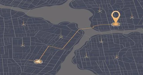 Isometric city map with golden navigation path and pin. Vector illustration. Stock Illustration