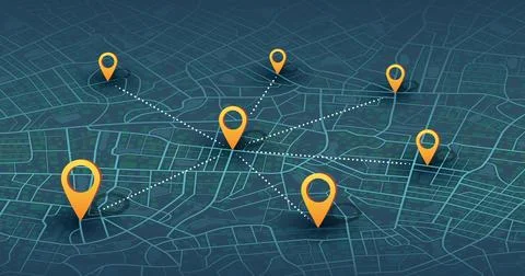 Isometric city map with GPS location markers and connection lines. Vector Stock Illustration