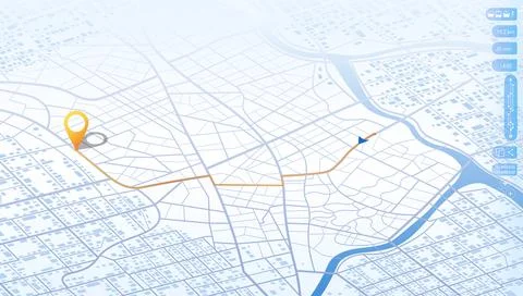 Isometric city map with GPS navigation route and yellow destination marker Stock Illustration