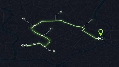 Isometric city map with green navigation route and destination pin. Dark urban Stock Illustration