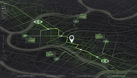 Isometric city map with green navigation route and time labels. Dark futuristic Stock Illustration