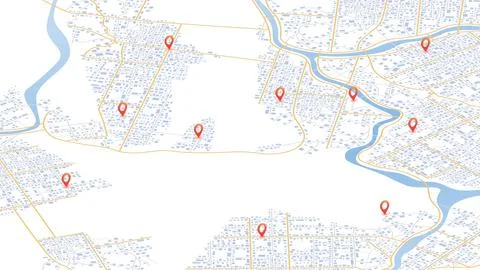 Isometric city map layout featuring red location pins and winding river for Stock Illustration