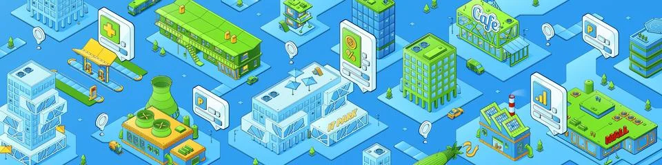 Isometric city map, megalopolis with location pins Stock Illustration