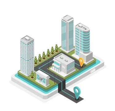 Isometric city map mobile navigation. Urban district on smartphone screen with Illustrazione stock