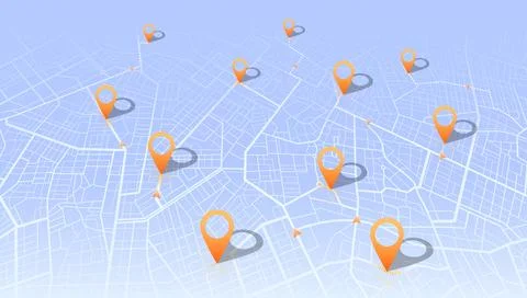 Isometric city map with multiple orange location pins and tracking routes. Blue Stock Illustration