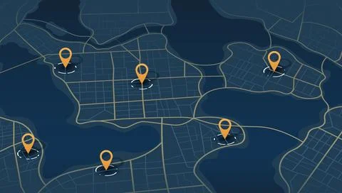 Isometric city map with multiple orange location markers. 3D navigation scheme Stock Illustration
