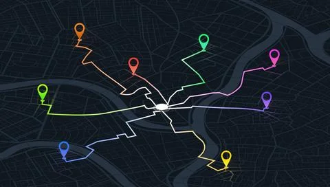 Isometric city map navigation with colorful delivery routes and location pins Stock Illustration