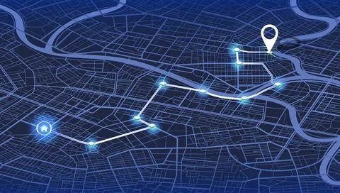 Isometric city map navigation with glowing route from home to destination pin Stock Illustration