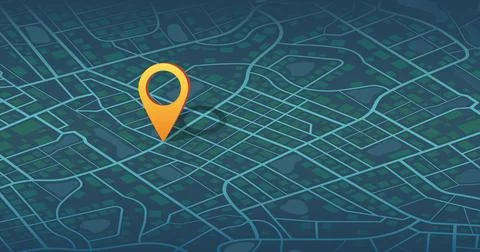 Isometric city map navigation with location pin. Dark urban plan GPS concept Stock Illustration
