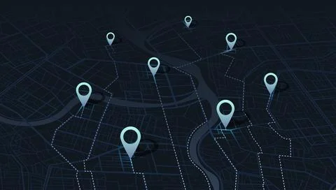 Isometric city map with navigation pins and route lines on dark background Stock Illustration