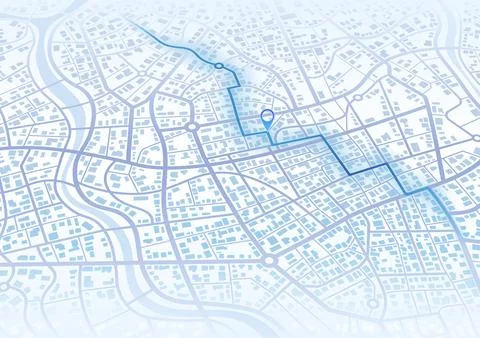 Isometric city map with navigation route and location pin. Vector illustration. Stock Illustration