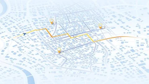 Isometric city map with navigation route and yellow location pins on light Stock Illustration