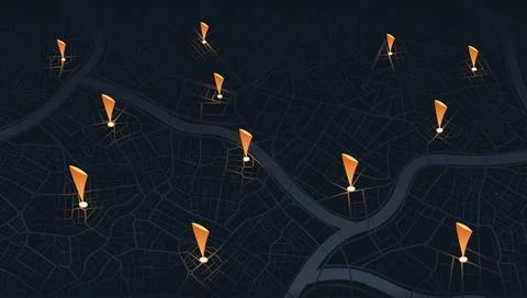 Isometric city map with orange exclamation mark pins for traffic alerts and Stock-Illustration