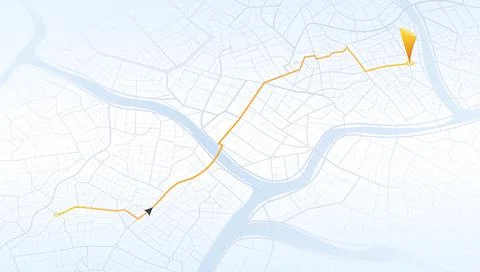 Isometric city map with orange navigation route and location pin. Urban town Stock Illustration