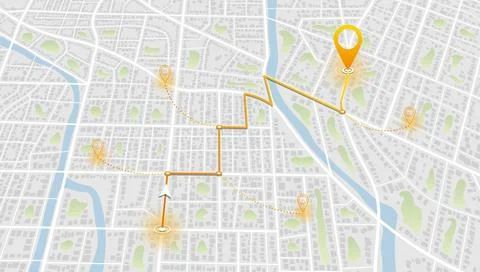Isometric city map with orange navigation route and location pins. Vector Stock Illustration