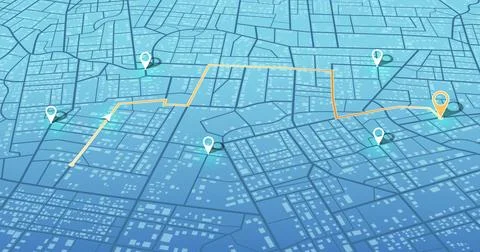Isometric city map with orange navigation route and multiple location pins Stock Illustration
