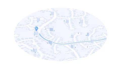 Isometric city map in oval frame with location pin and curved blue route line Stock Illustration