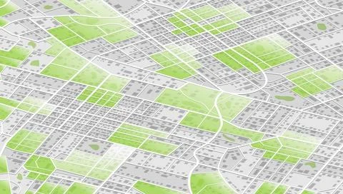 Isometric city map perspective showing town streets with green parks and Stock Illustration
