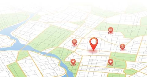 Isometric city map with red destination marker and service icons. Urban plan Stock Illustration