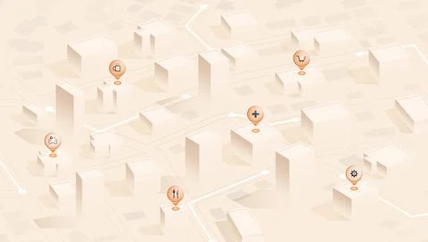 Isometric city map with service location markers. Urban navigation and city Stock Illustration