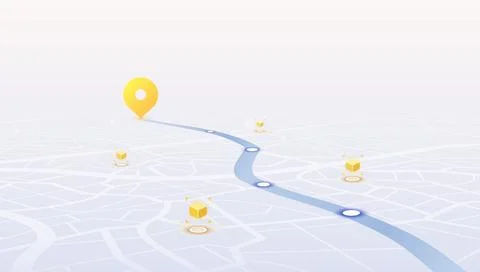 Isometric city map with yellow location pin and delivery tracking points on blue Stock Illustration