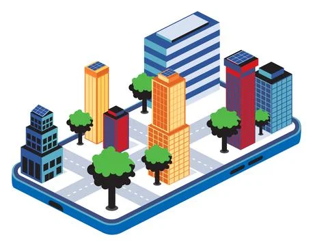 Isometric city on mobile application Stock Illustration