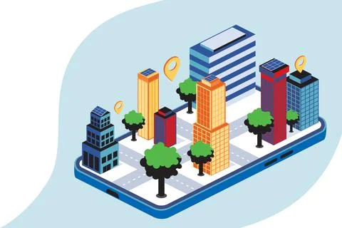 Isometric city on mobile application Stock Illustration