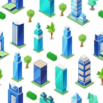 Isometric city modern seamless pattern with city buildings and trees vector Stockillustratie