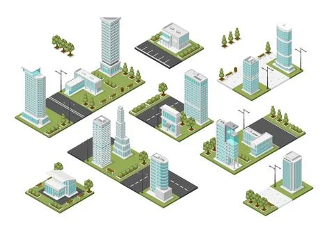 Isometric city modules. Modern suburbs, urban construction plan. Various Stock Illustration
