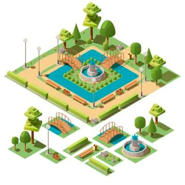 Isometric city park with design elements for garden landscape Ilustração Stock