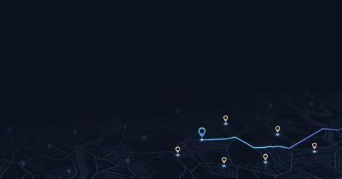 Isometric city plan displaying specific travel path with glowing markers Stock Illustration