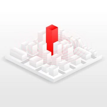 Isometric city red point. Geolocation map with buildings and roads. Minimalistic Stock Illustration