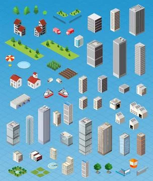 Isometric city set Ilustración de archivo