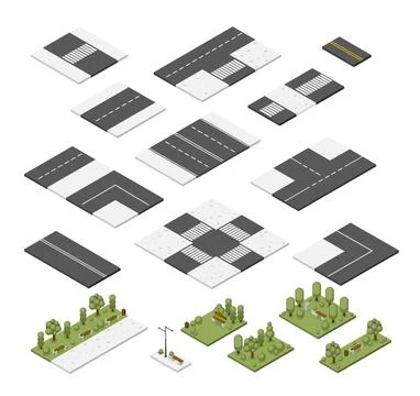 Isometric city streets elements, road modules design. Lawn and park parts イラスト素材