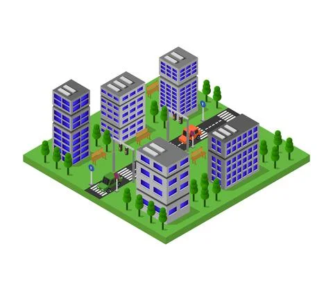Isometric city in vector on white background Stock Illustration