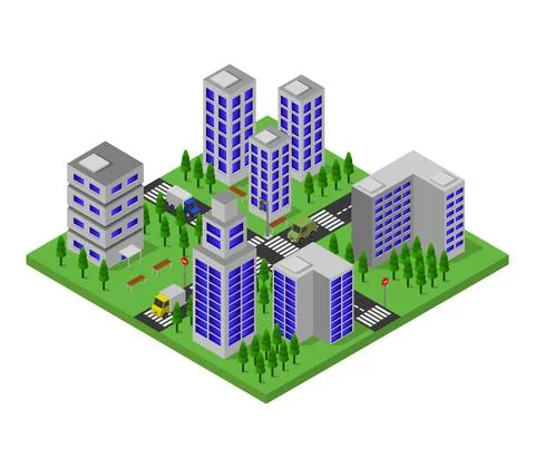 Isometric city in vector on white background Stock Illustration