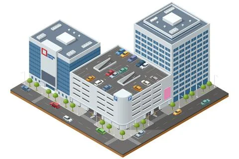 Isometric cityscape with a multi-storey parking structure surrounded by modern Ilustración de archivo
