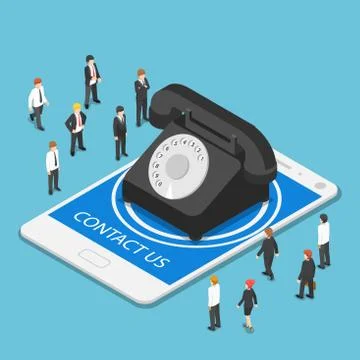 Isometric classic telephone on tablet PC with contact us text Stock Illustration