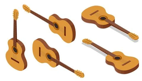 Isometric Classical Acoustic Six-String Guitar Isolated on White Background Stock Illustration