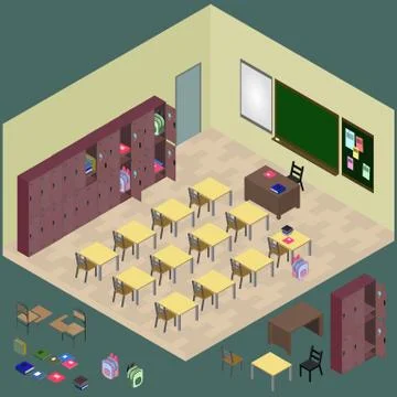 Isometric classroom with object: desk, blackboard, table, chair, Stock Illustration