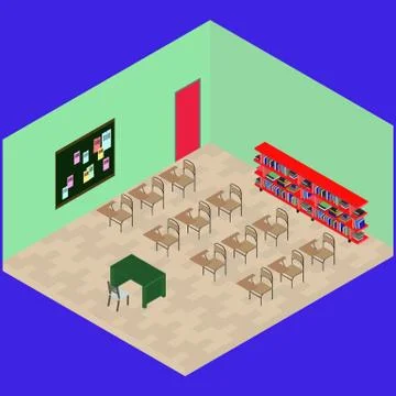 Isometric classroom with object: desk, book shelfs, table, chair, note board Stock Illustration