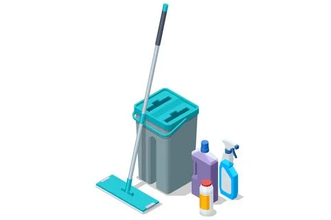 Isometric cleaning set with mop, bucket, and various detergents. Household Stock Illustration