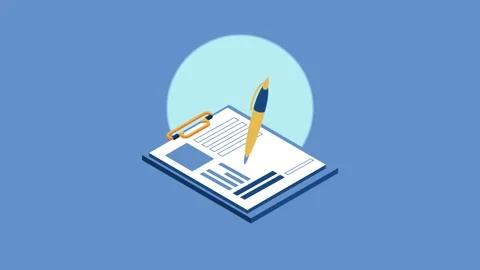 Isometric clipboard with pen writing on document motion graphic. 스톡 동영상 334535969